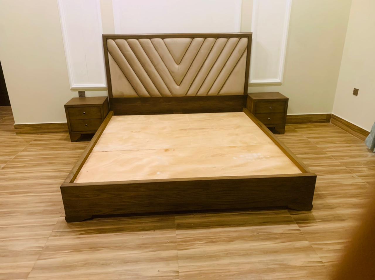 Dark Brown Wooden Bed with Light Broad Cushioned Headboard – Rafay's Interior